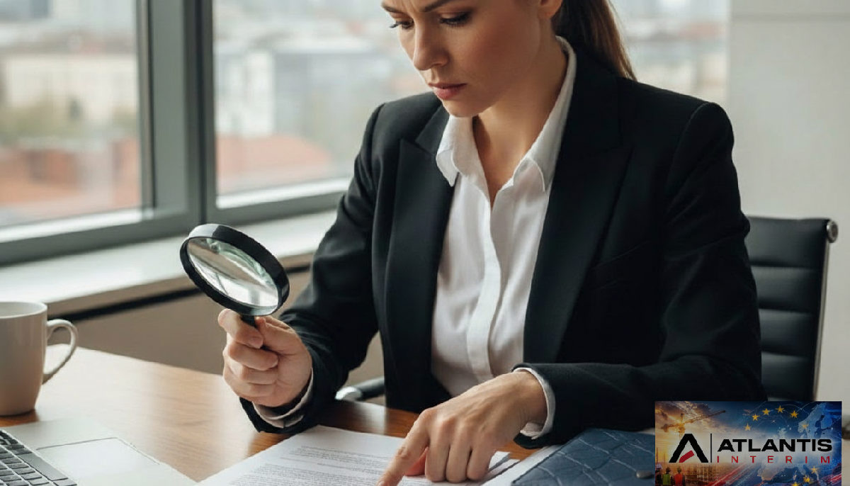 Responsable RH vérifiant des documents de conformité pour des travailleurs intérimaires.