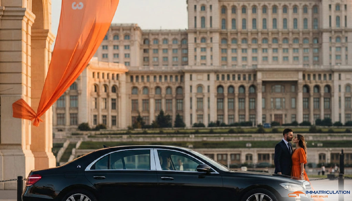 TVA achat Roumanie – Voiture de luxe devant le Parlement roumain, symbole des achats automobiles.