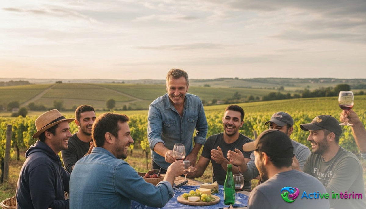 Exploitant français et vendangeurs roumains partageant un moment convivial.