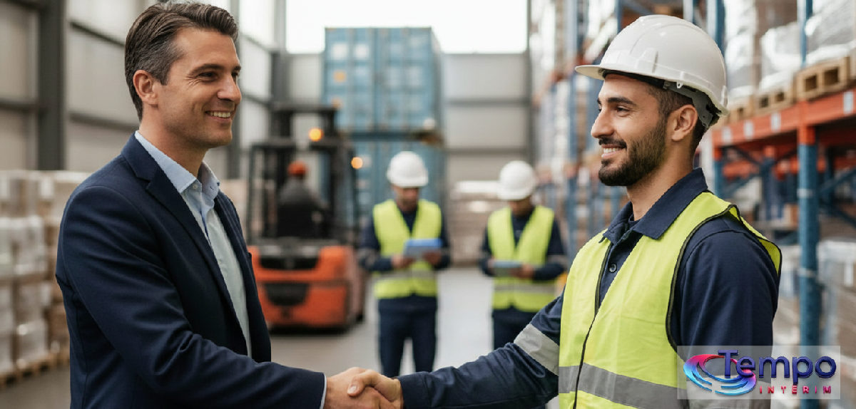 Poignée de main entre un manager français et un intérimaire roumain sur une plateforme logistique.