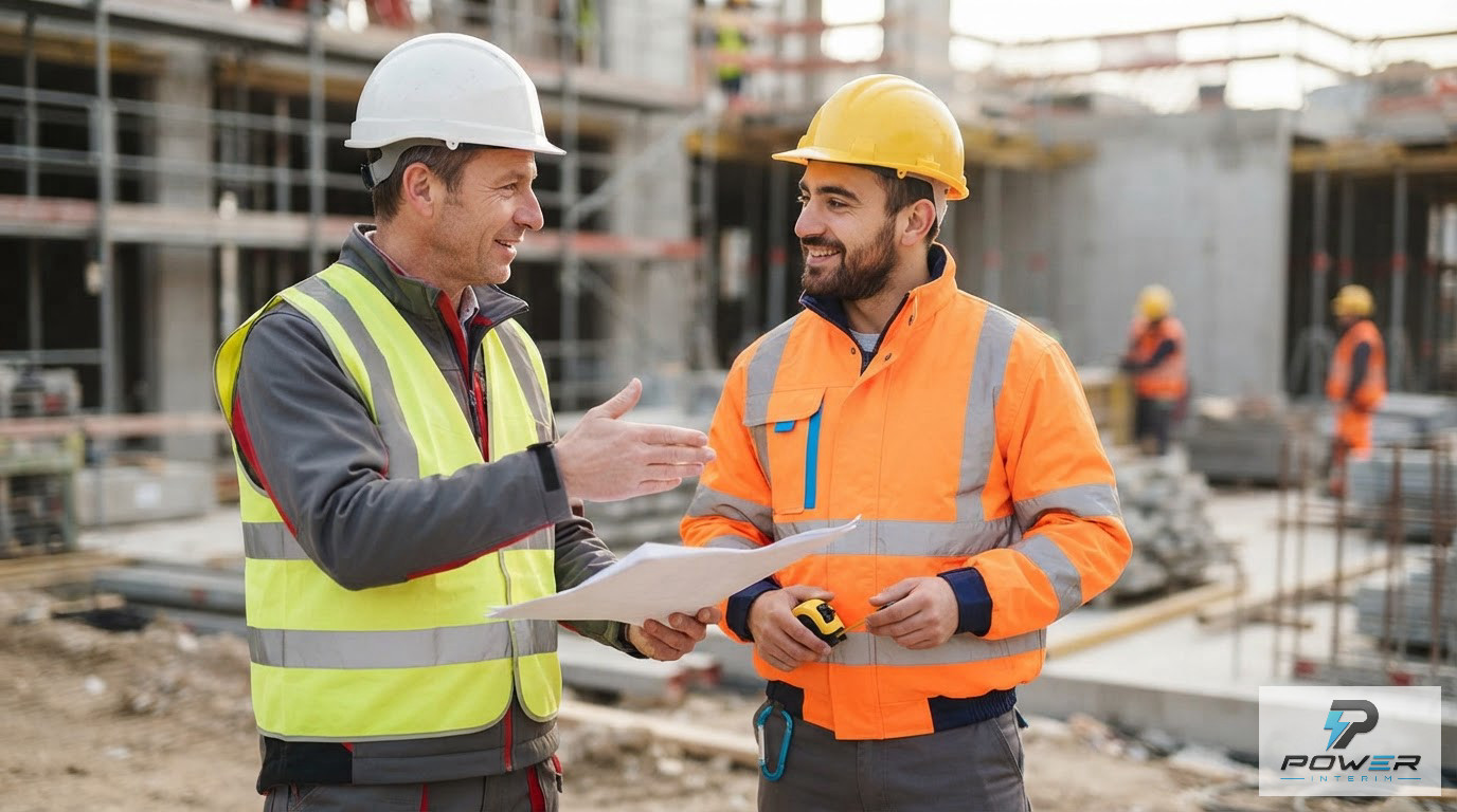 Chef de chantier français collaborant avec un ouvrier détaché sur un projet.