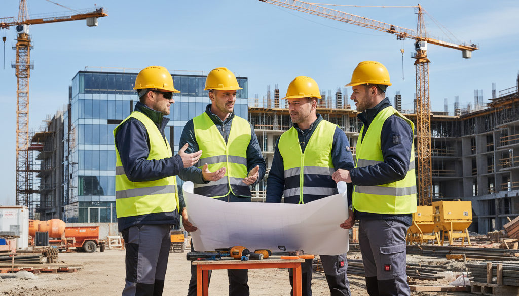 qualité intérimaires roumains – Travailleurs du bâtiment discutant sur un chantier moderne.