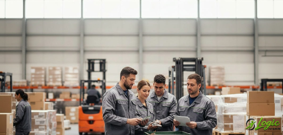 Entrepôt logistique avec préparateurs de commandes actifs.