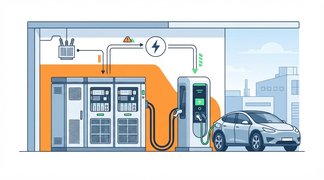 Moderní nabíjecí stanice pro elektromobily s napojením na systém bateriového úložiště.
