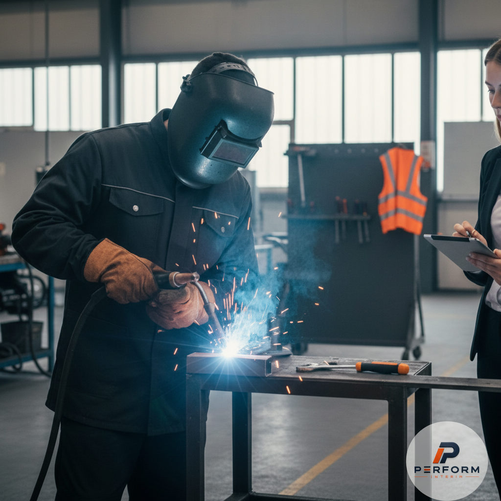 Ouvrier qualifié passant un test de soudure supervisé par un RH.
