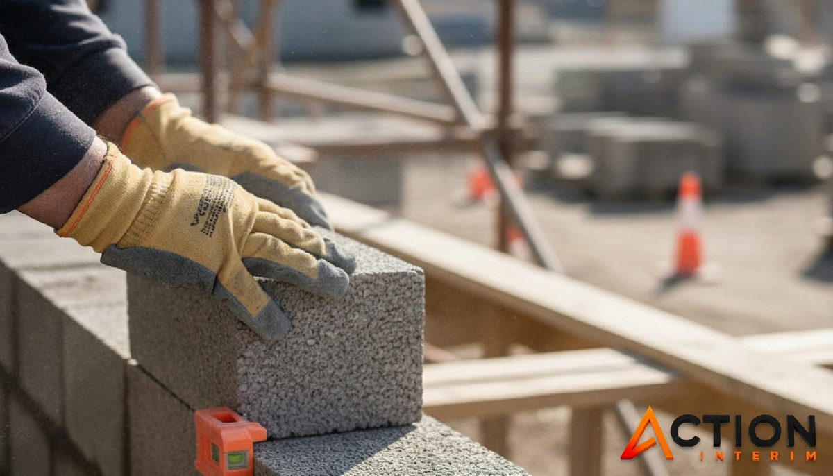 Mains d'un maçon plaçant un bloc avec précision sur un chantier.