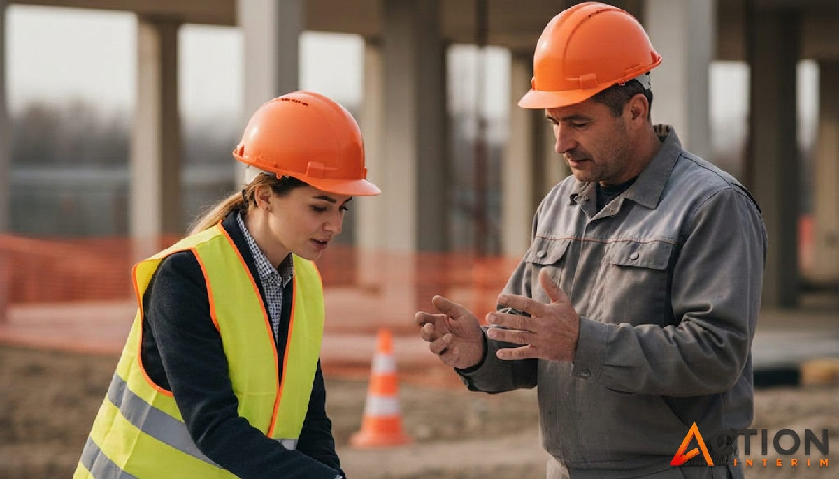 Un contremaître et un maçon roumain étudiant des plans sur un chantier.