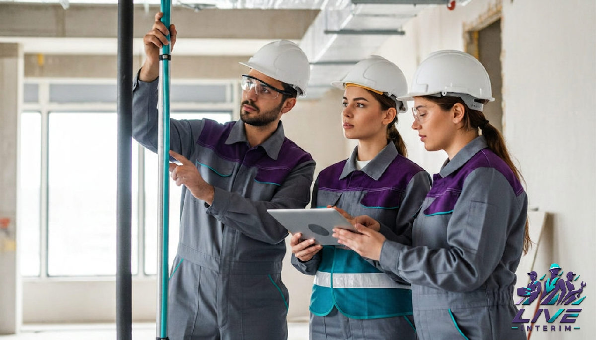 Équipe de techniciens thermiques et sanitaires collaborant sur un chantier.