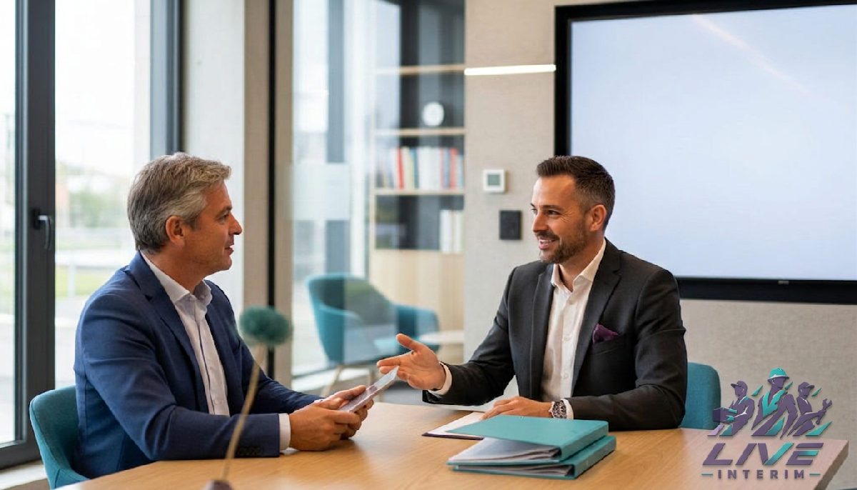 Conseiller en recrutement discutant de profils d'artisans roumains qualifiés.