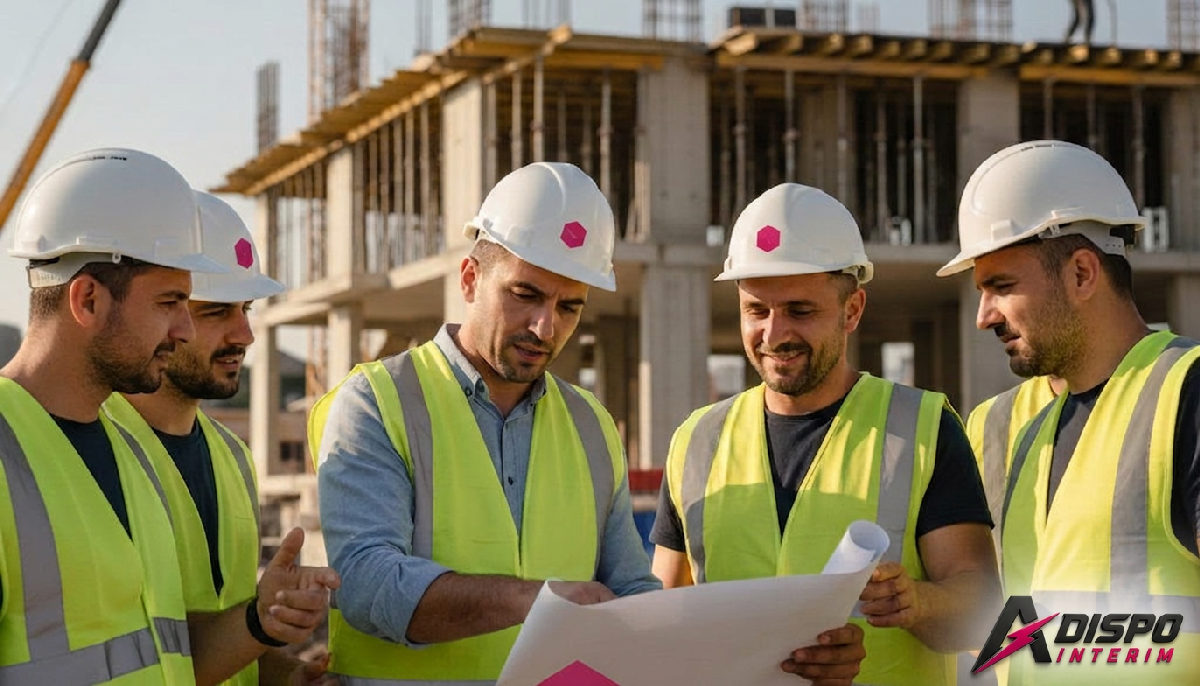 Chef de chantier expliquant les plans à une équipe roumaine.