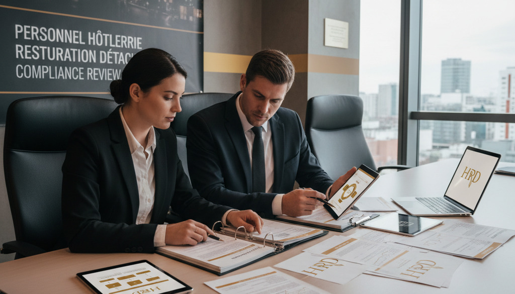 Manager et employé examinant des documents pour la conformité.