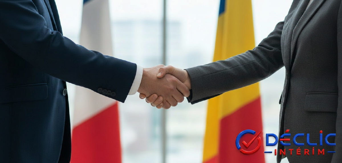 Partenariat de recrutement réussi : poignée de main France-Roumanie.