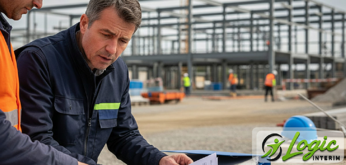 Inspecteur du travail français examinant des documents sur un chantier.