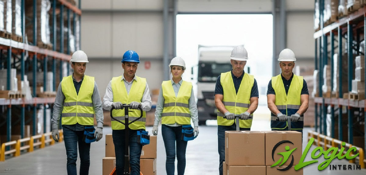 Équipe roumaine qualifiée en sécurité sur un site logistique.