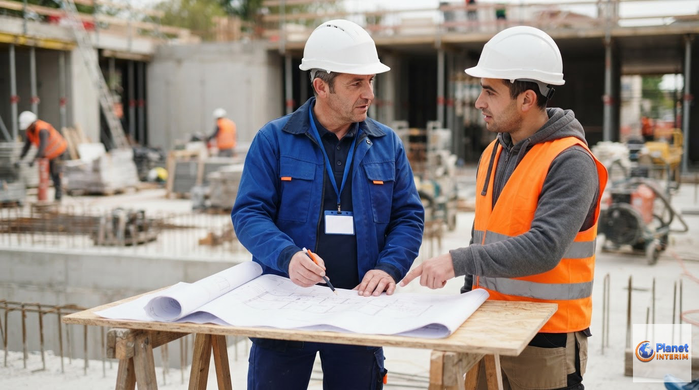 quelles obligations intérim roumain employeur - Un chef de chantier discutant des plans avec un ouvrier roumain.