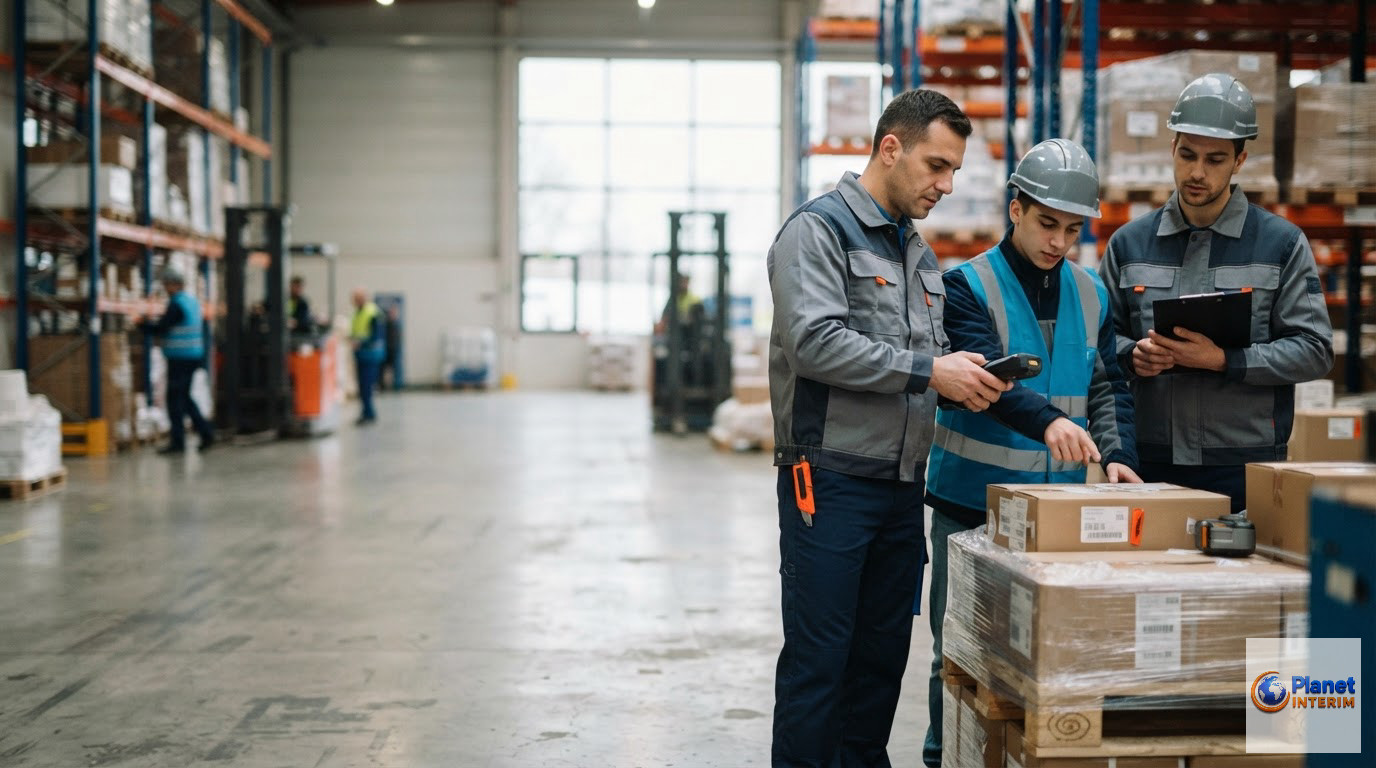 Une équipe d'intérimaires roumains en tenue de sécurité sur un site logistique.