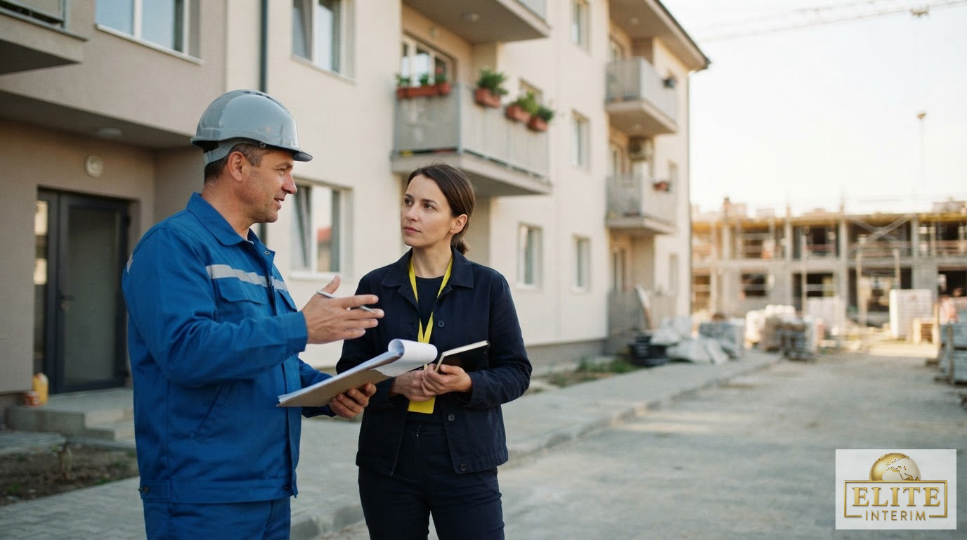 Un responsable de chantier discutant avec un coordinateur devant un logement de fonction.