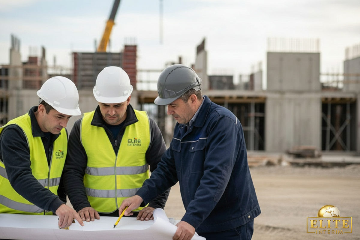 Réunion de chantier entre chef français et ouvriers roumains Elite Interim.
