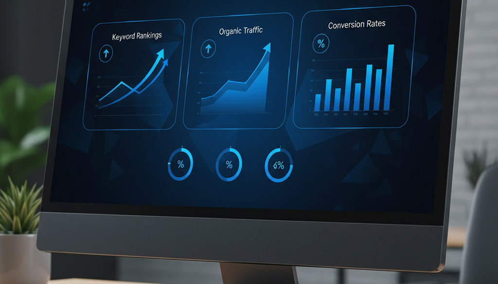 AI-analyse dashboard toont opwaartse trends in rangschikkingen, verkeer en conversies.