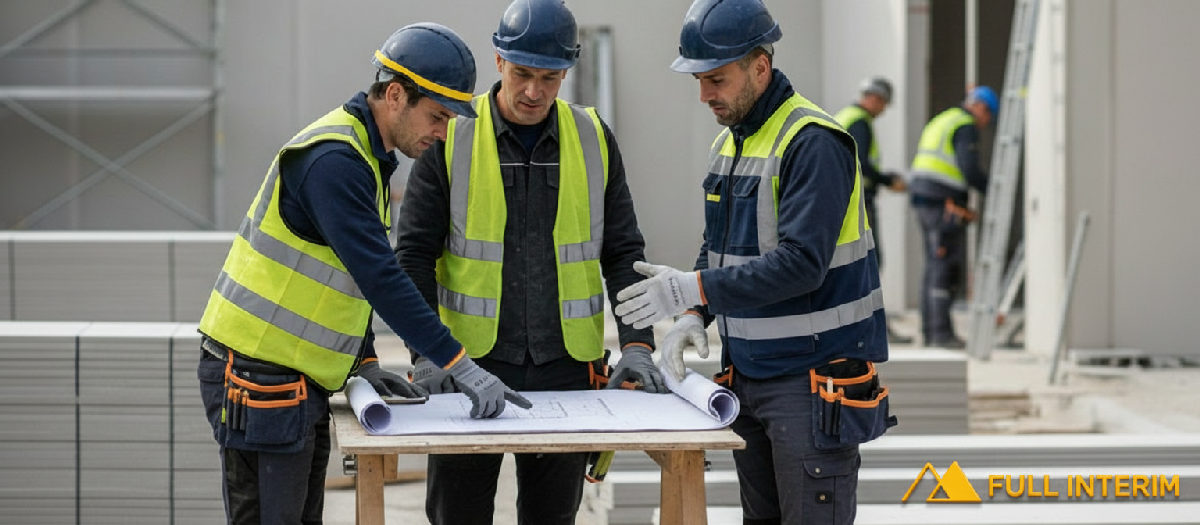 Équipe de plaquistes discutant d'un plan sur un chantier sécurisé.