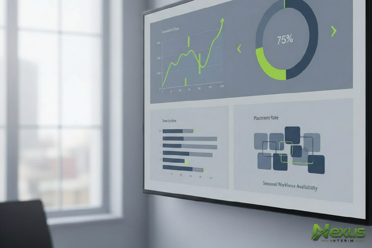 Tableau de bord BTP avec KPIs de recrutement et graphiques.