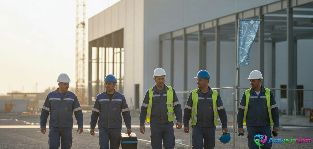 Groupe d'ouvriers roumains arrivant sur un site industriel.