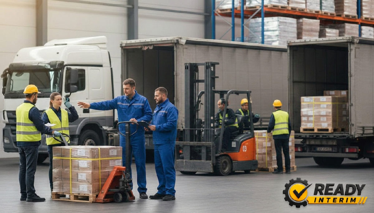 réactivité logistique transport talents roumains - Entrepôt logistique animé avec chauffeurs et personnel roumains dynamiques.