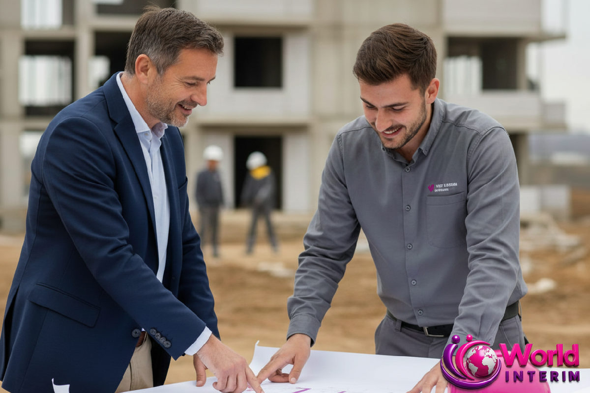 Réunion de chantier : discussion de plans entre entreprise et agence.