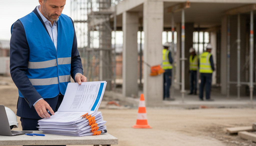 bien-être travailleurs détachés obligations france - Inspecteur vérifiant la conformité du bien-être des travailleurs détachés sur un chantier.