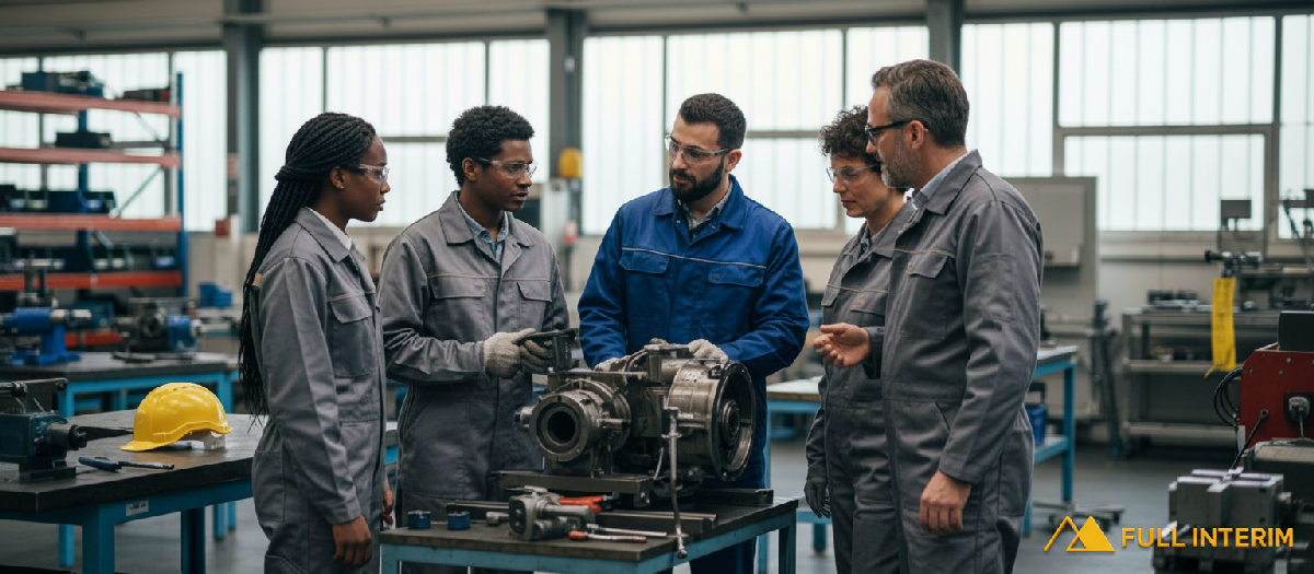 Travailleurs roumains et français collaborent dans un atelier industriel moderne.