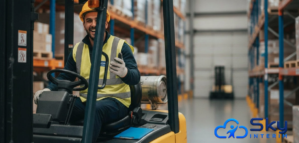 Cariste roumain souriant dans un entrepôt français.