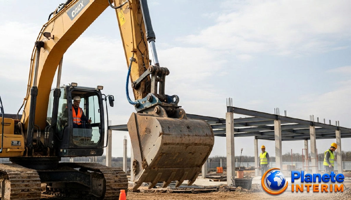 recrutement conducteurs engins roumains - Conducteur d'engin expérimenté au travail sur un chantier moderne.