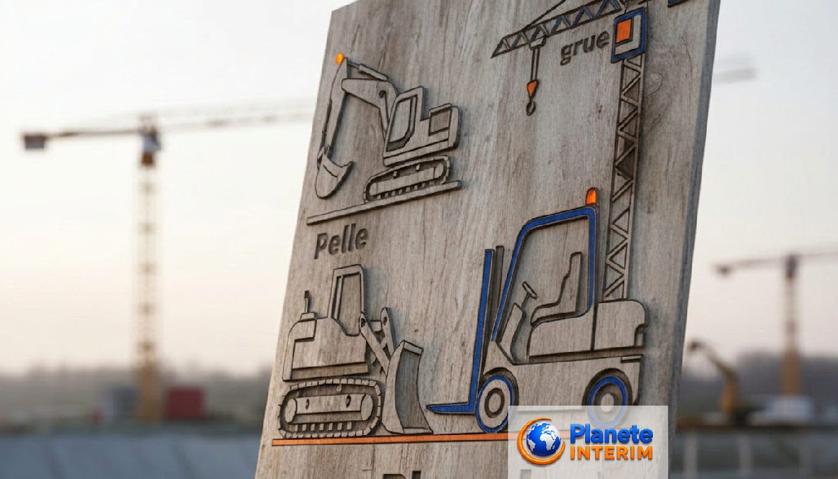 Tableau des engins de chantier: pelles, bulldozers, grues et chariots élévateurs.