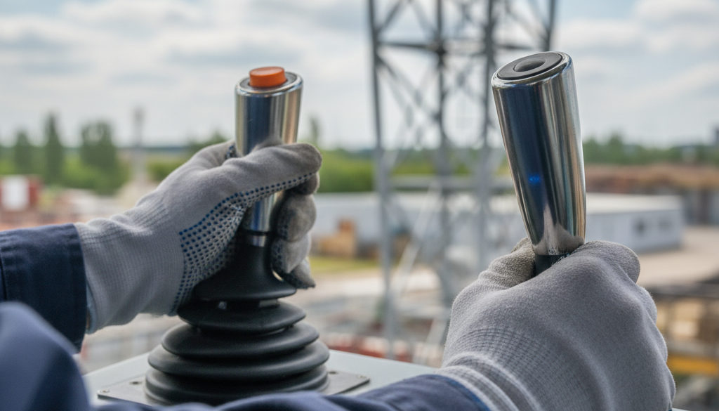 Gros plan sur les mains d'un grutier manipulant les commandes.