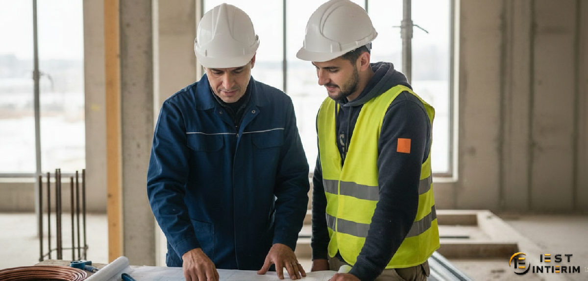 Chef de chantier français expliquant les plans à un intérimaire roumain.