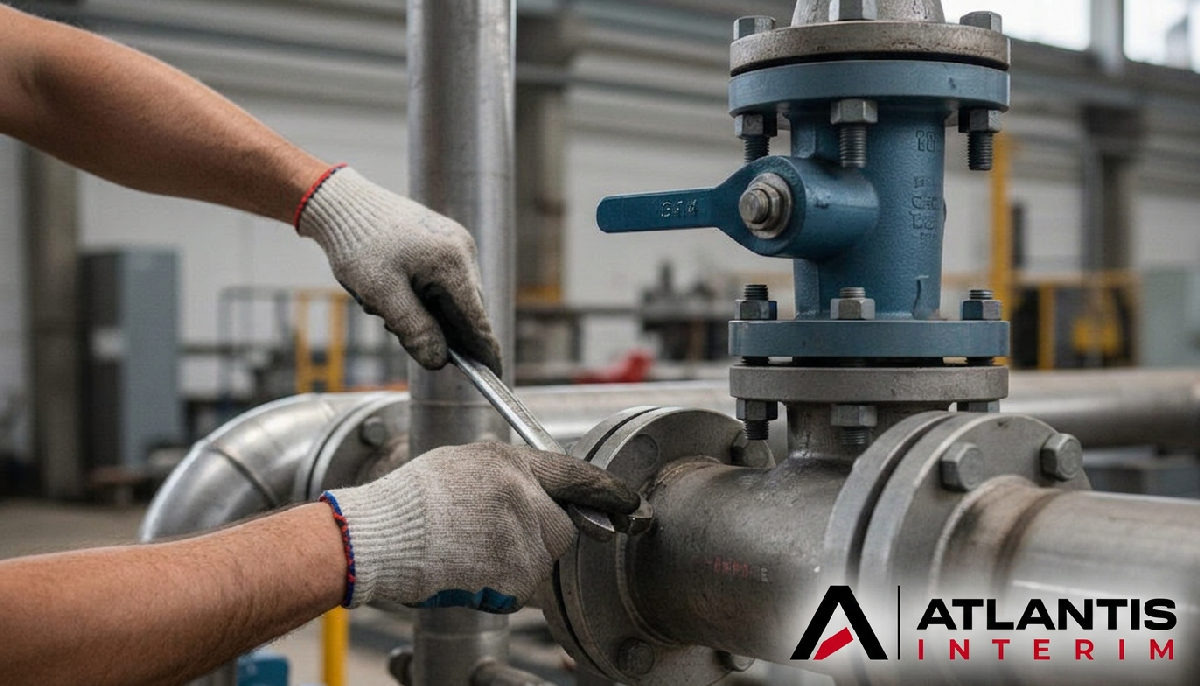Mains de technicien roumain installant une tuyauterie industrielle complexe.