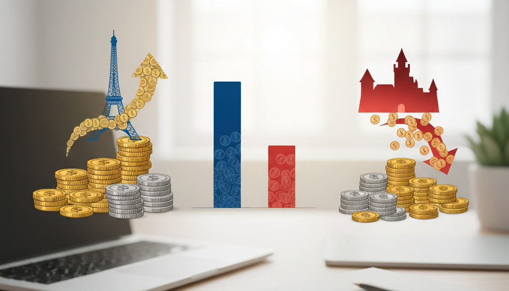 Comparaison des charges sociales France-Roumanie avec des icônes de monnaie.