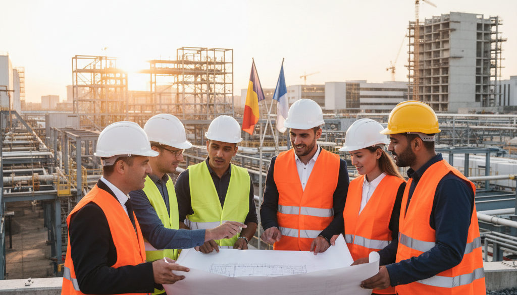 Ingénieurs roumains et français collaborant sur un plan industriel.