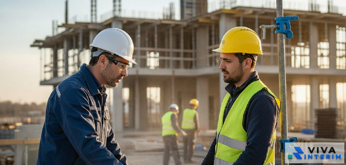 offre emploi intérim roumains qualifiés - Chef de chantier français et ouvrier roumain sur un chantier.