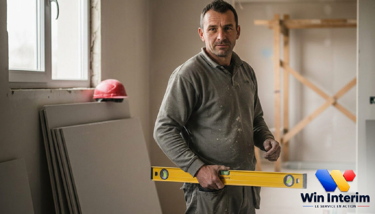 Un ouvrier roumain travaille sur l'isolation d'un mur intérieur.