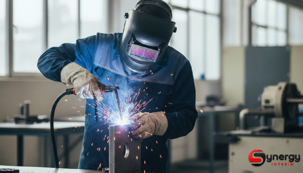 Processus recrutement agence intérim Roumanie pour la France 1 Ouvrier roumain effectuant une soudure de précision pour le recrutement en Roumanie.