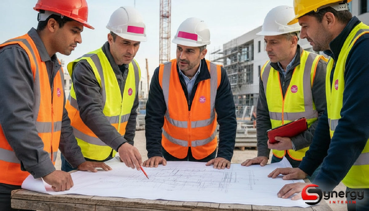 Processus recrutement agence intérim Roumanie pour la France 2 Réunion de chantier en France avec travailleurs roumains et managers français.