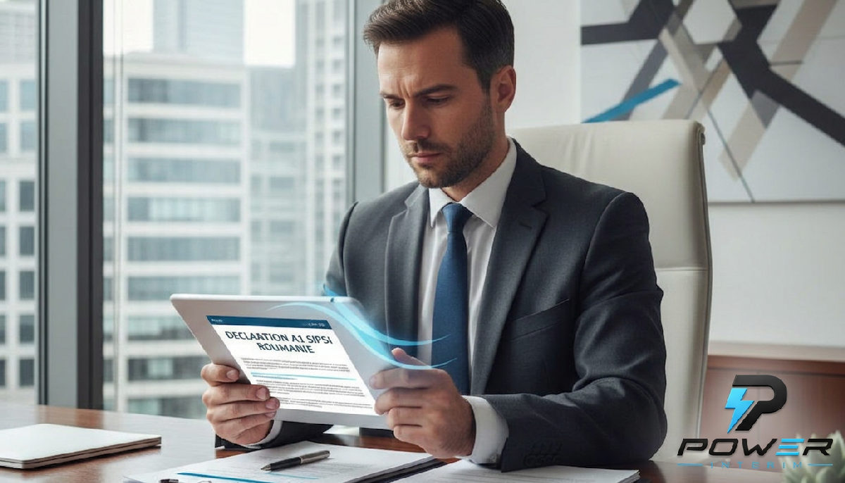 déclaration A1 SIPSI Roumanie - Homme d'affaires examinant une déclaration A1 SIPSI sur tablette.