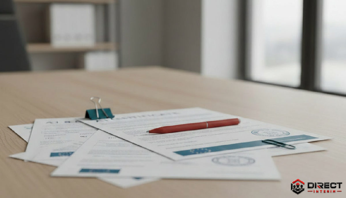Documents de conformité et contrats de travail européens dans un bureau.