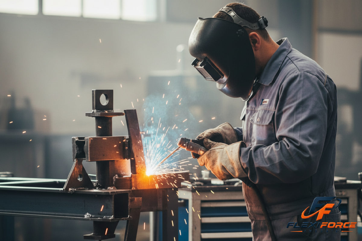 Ouvrier roumain effectuant une soudure de précision en atelier.