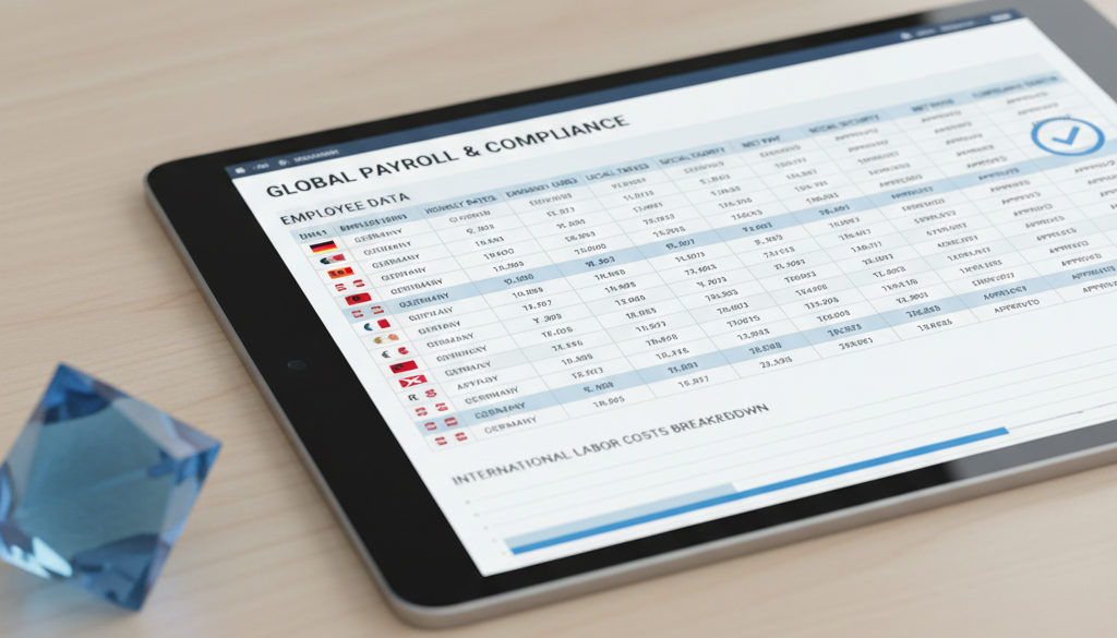 Tablette affichant une feuille de paie et des données financières internationales.