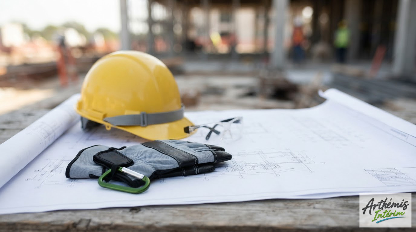 Casque, lunettes et gants de sécurité disposés sur un plan de construction.