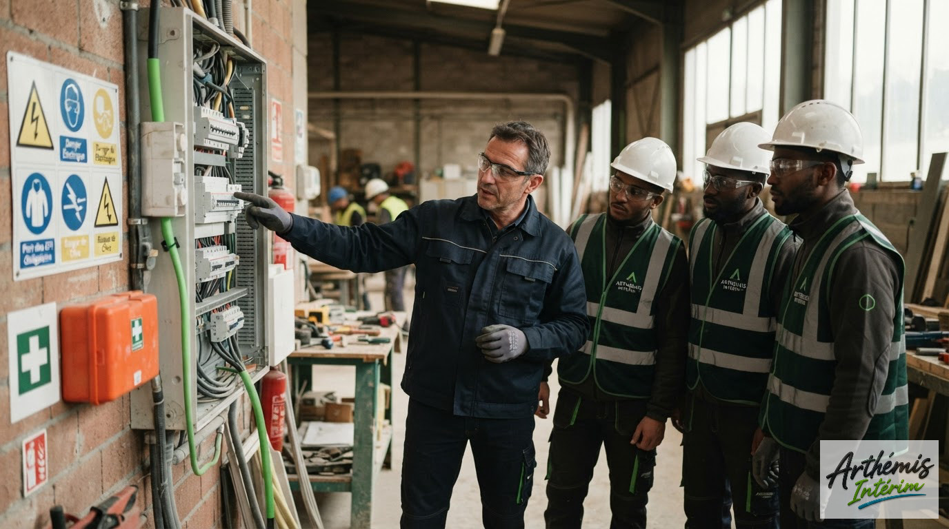 Un formateur explique le fonctionnement électrique à un groupe d'ouvriers attentifs.