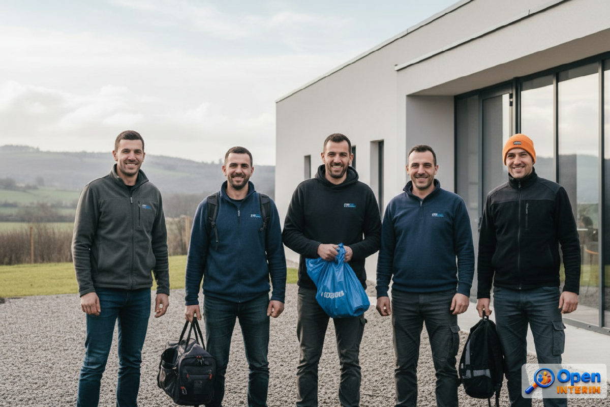 Ouvriers roumains souriants devant leur hébergement en France.