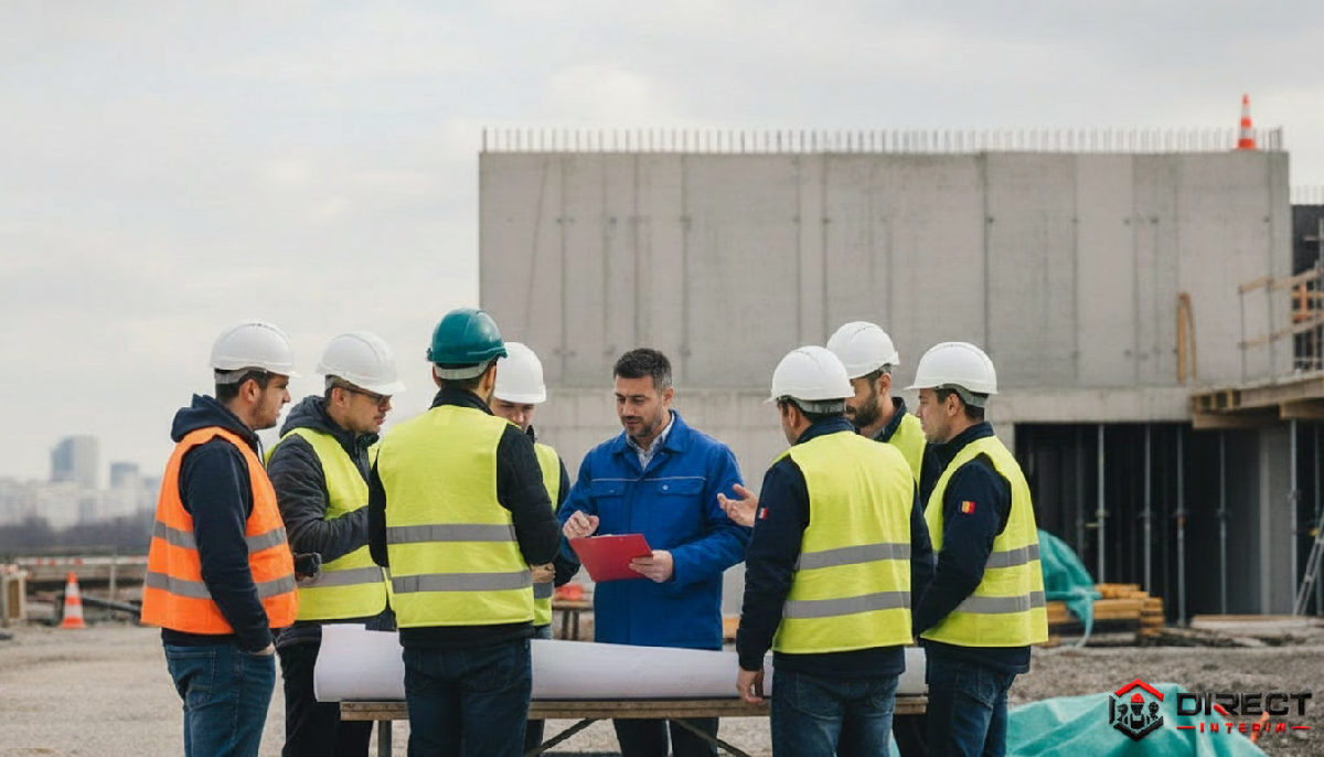 Travailleurs roumains sur un chantier de construction français, sécurité et intégration.